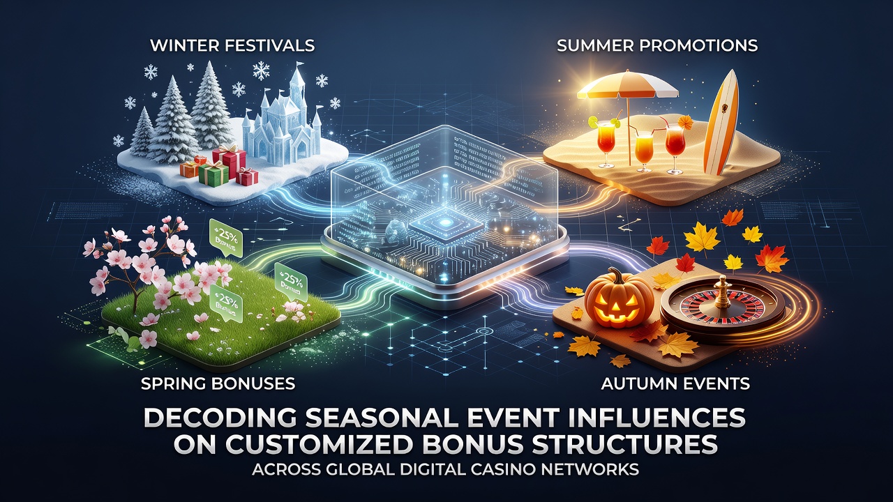 Global digital casino networks displaying seasonal bonus promotions across multiple regions and platforms