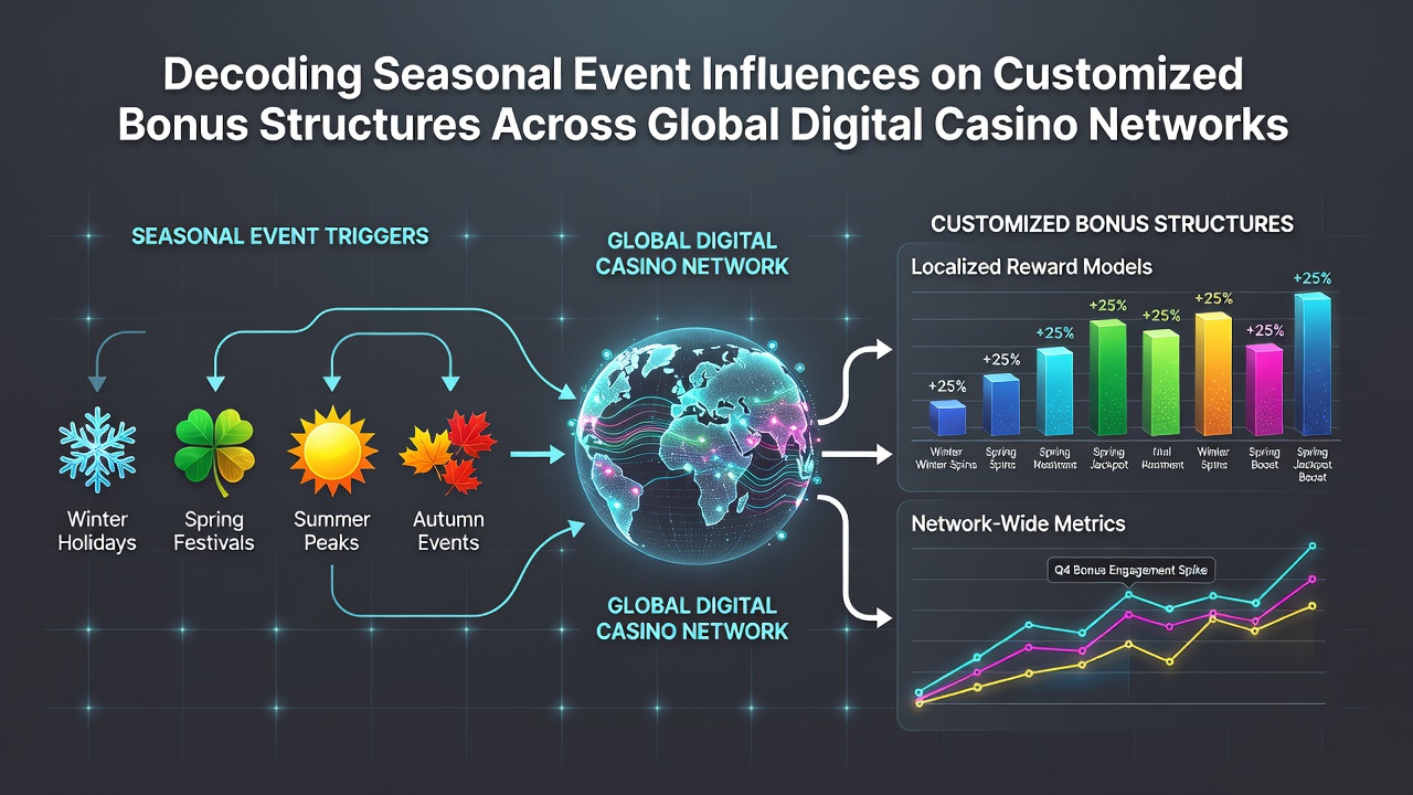 Data visualization of bonus customization flows connecting seasonal events to player reward allocations in digital casino systems