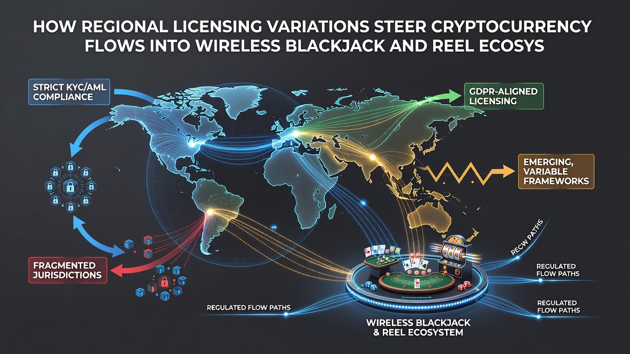 Mobile device interfaces displaying crypto wallet integrations for blackjack and slot gameplay across different regulatory regions