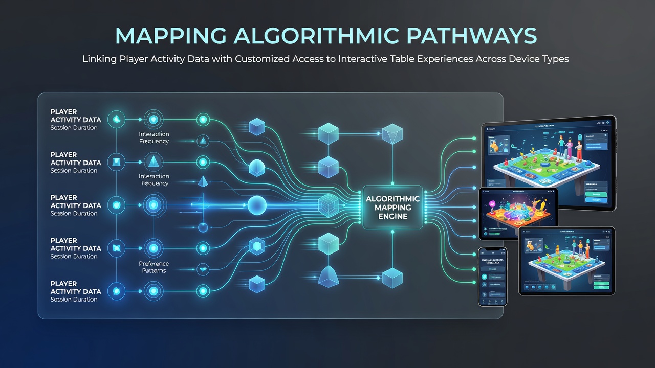 Algorithmic data pathways visualized across mobile and desktop interfaces for table games