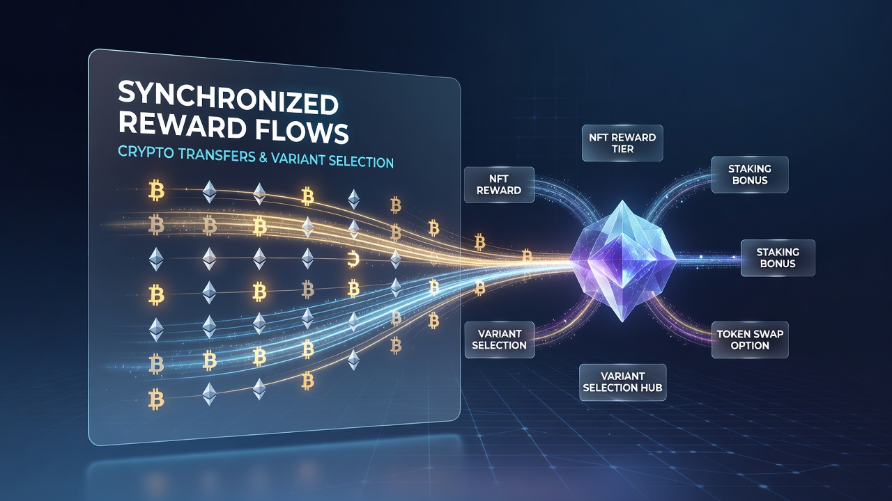 Data visualization of reward flows connecting cryptocurrency transfers to game variant selections
