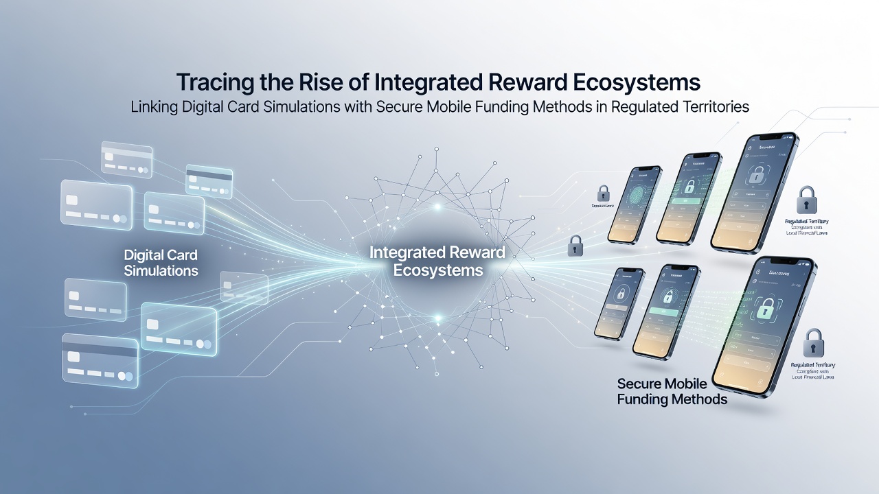 Digital card simulation interface on a mobile device showing secure funding integration and reward points accumulation in a regulated gaming environment