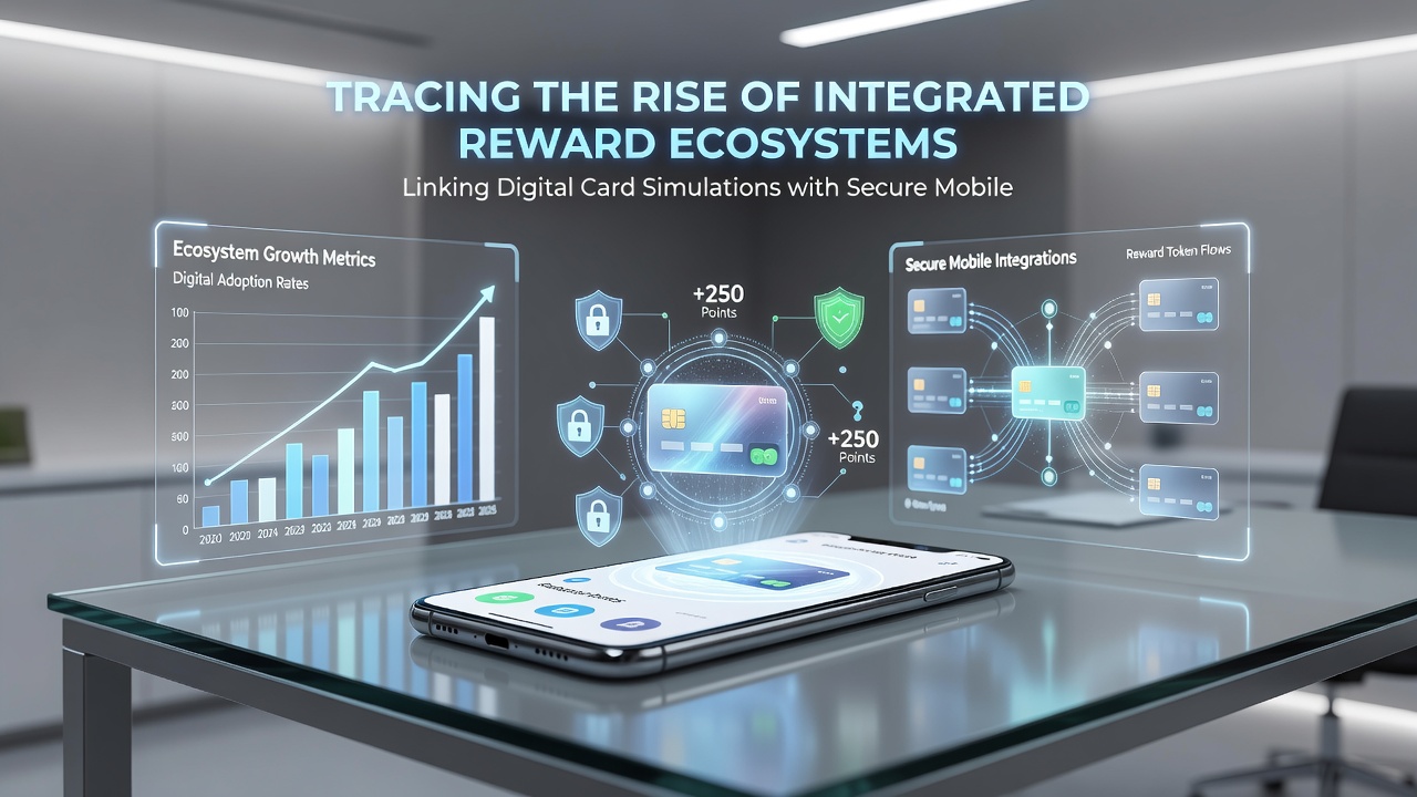 Secure mobile payment gateway interface connected to a digital card game reward dashboard displaying synchronized points and transaction history